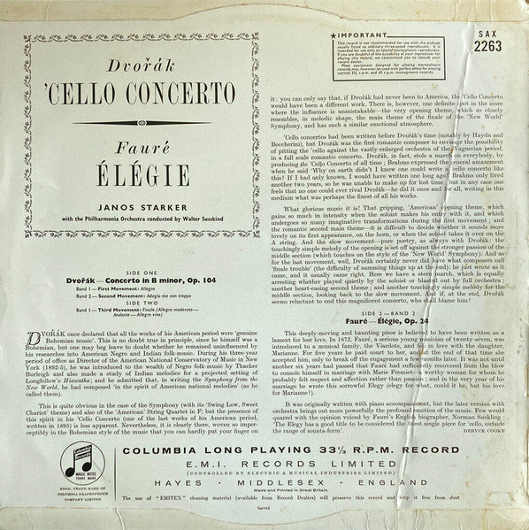 Janos Starker/Dvorak/Faure - Cello Concerto/Elegy For Cello & Orchestra (Used LP)