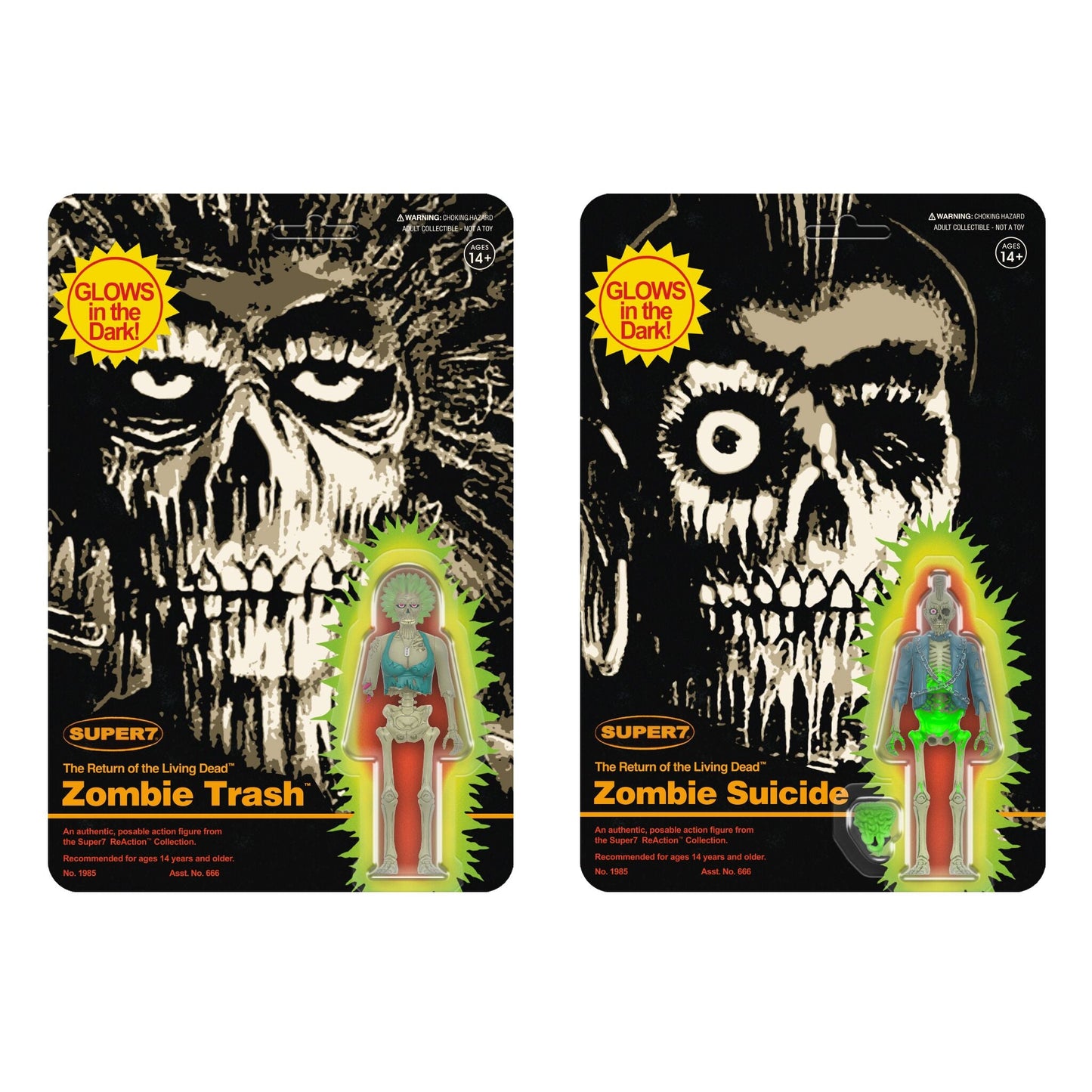 RETURN OF THE LIVING DEAD: ZOMBIE TRASH/ZOMBIE SUICIDE - REACTION-3.75"-SET OF 2-GLOW IN THE DARK