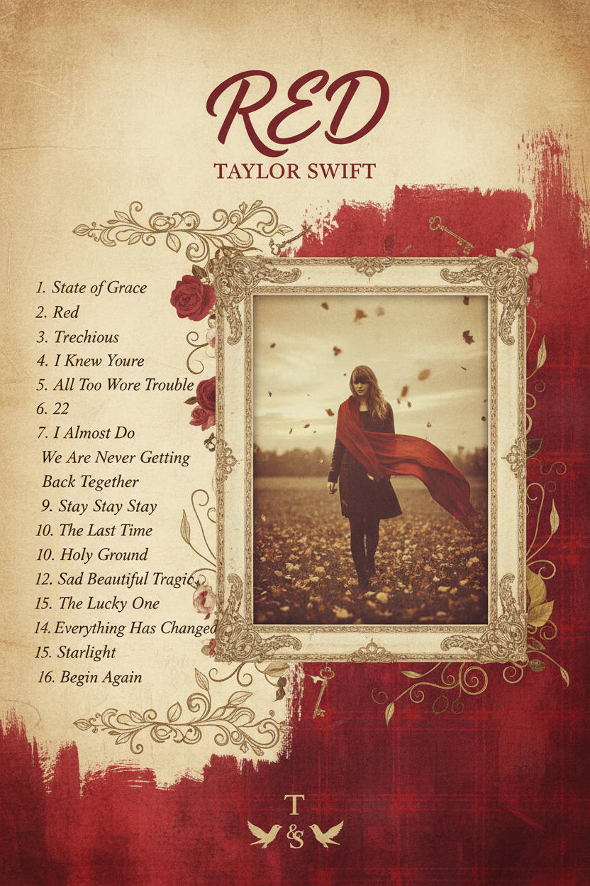 track list of Taylor swifts red album. With artwork inspired by the album cover